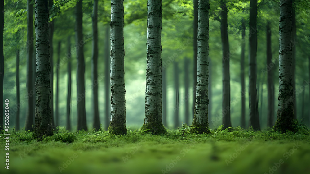 Obraz premium A cluster of birch trees stand tall in a misty forest with soft green undergrowth.