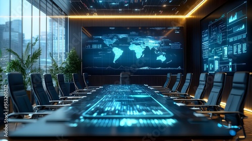 Futuristic Boardroom with Digital World Map Display