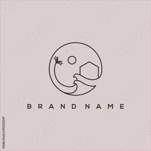 line art beach house with palm trees and waves circle vector logo