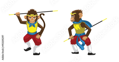 Sticker Wukong Monkey Front Side Cartoon Vector Character Illustration