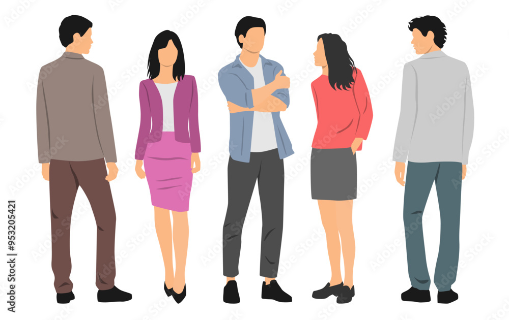 Set of young men and women, different colors, cartoon character, group of silhouettes of standing business people, profile, students, the design concept of flat icon, isolated on white background Set of young men and women, different colors, cartoon character, group of silhouettes of standing business people, profile, students, the design concept of flat icon, isolated on white background