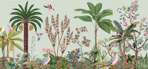 Mughal forest background, Mughal tree, Tropical plant, Bird, Watercolor background.