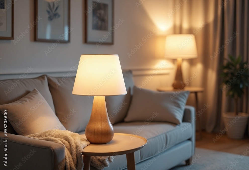 Close up of lamp on side table near sofa. Home interior design of modern living room Close up of lamp on side table near sofa. Home interior design of modern living room