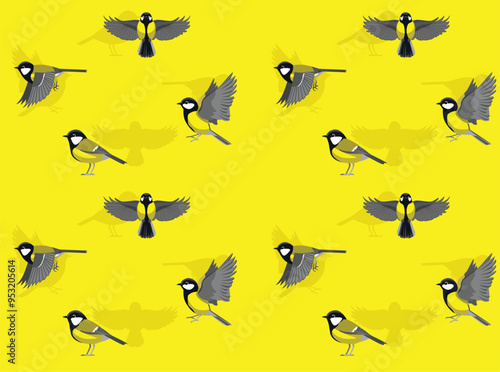 Bird Great Tit Cartoon Cute Seamless Wallpaper Background