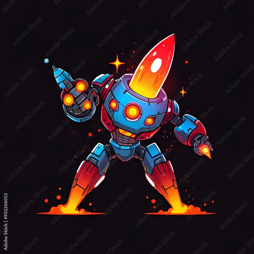 A robot with a rocket on its head is standing on a black background