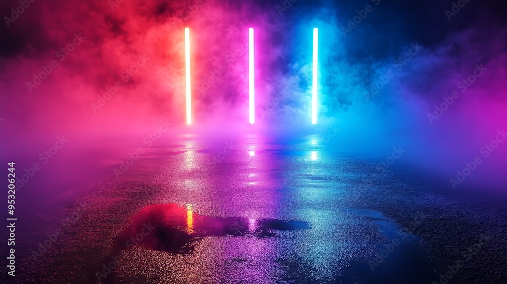 Wet Asphalt Street with Glowing Neon Lights and Smoke in Dark Atmosphere Wet Asphalt Street with Glowing Neon Lights and Smoke in Dark Atmosphere