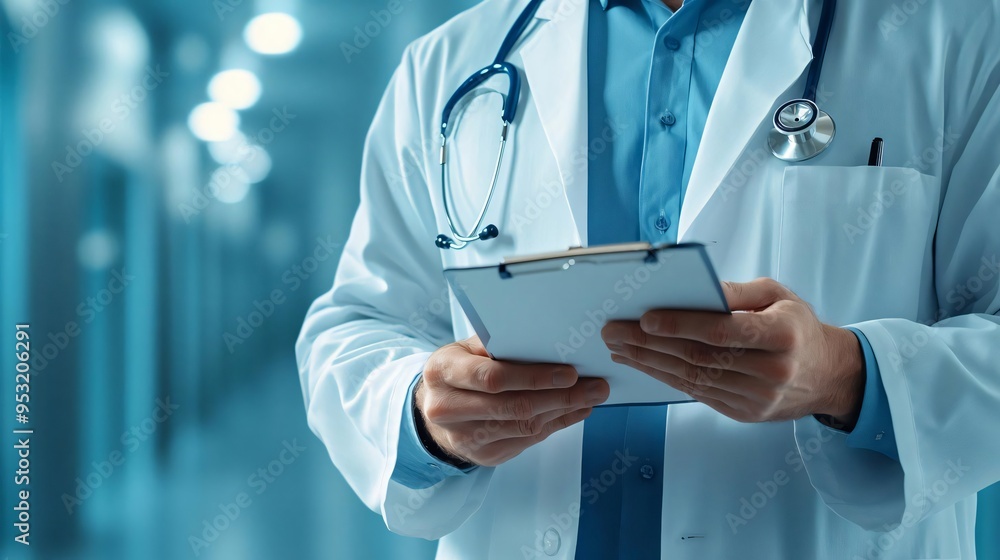 A healthcare professional reviews patient information on a digital tablet in a modern medical environment. A healthcare professional reviews patient information on a digital tablet in a modern medical environment.