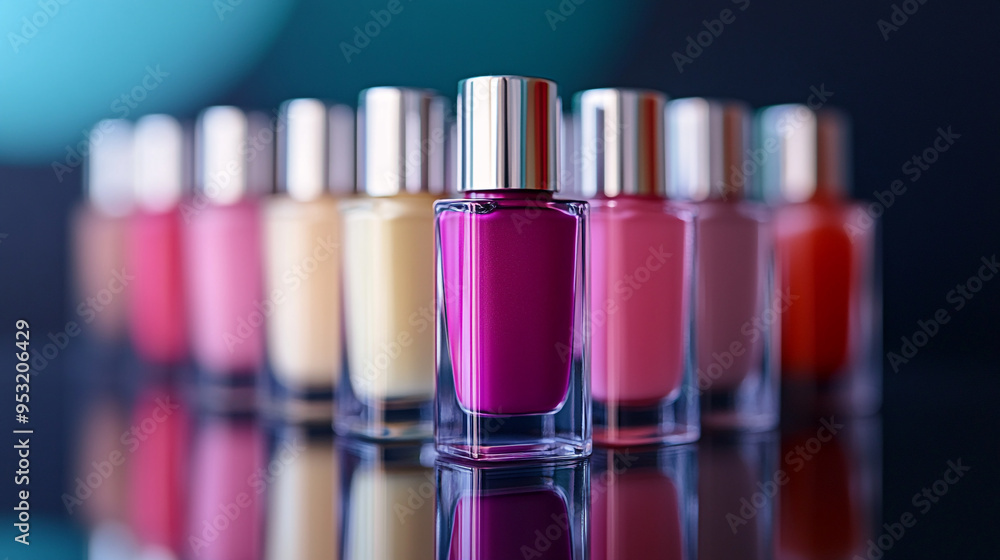 Brightly colored nail polish bottles lined up on a reflective surface against a soft blue background