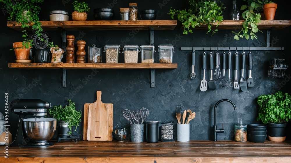Modern Kitchen Interior with Black Walls Wooden Shelves and Countertop and Green Plants Modern Kitchen Interior with Black Walls Wooden Shelves and Countertop and Green Plants