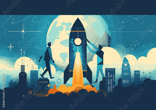 Startup Teamwork Concept with Rocket Launching, Business Cooperation and Project Initiation at Night, Minimalistic Vector Illustration