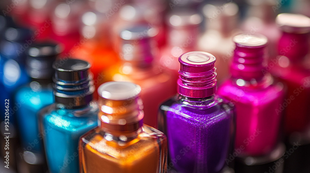 A vibrant array of nail polish bottles displayed in various colors at a beauty supply store during daylight A vibrant array of nail polish bottles displayed in various colors at a beauty supply store during daylight