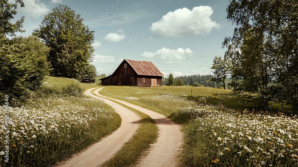 A tranquil countryside scene with a winding dirt road, blooming wildflowers, and a rustic barn in the distance A tranquil countryside scene with a winding dirt road, blooming wildflowers, and a rustic barn in the distance
