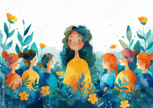 Young Teacher Leading Class of Diverse Students in Nature Education Session, Minimalistic Vector Illustration, Daytime Learning, Nature-Themed Classroom Setting, Inspirational Teamwork and Growth