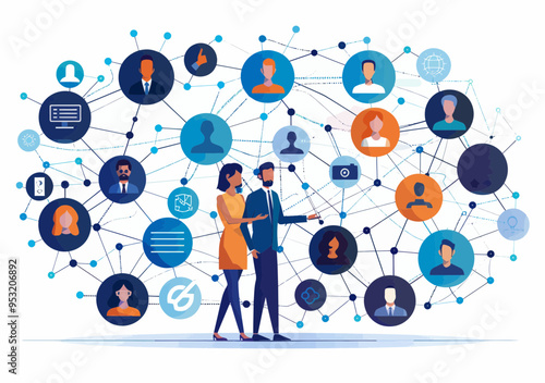 Business Networking Concept Illustration with Connected People, Icons, and Online Communications in a Minimalistic Style