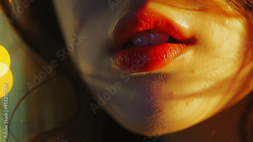 A close-up shot of the girl's mouth as she sings, capturing the movement of her lips and the sound escaping. photo