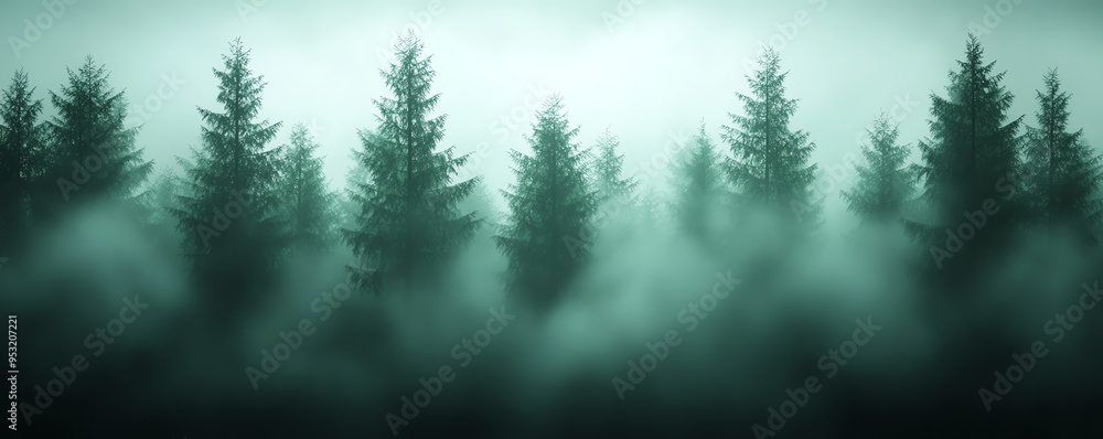 A misty forest landscape with tall evergreen trees shrouded in fog, creating a serene and mysterious atmosphere. A misty forest landscape with tall evergreen trees shrouded in fog, creating a serene and mysterious atmosphere.