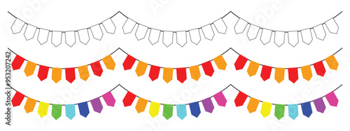 party flag decorations, available in white, two colors, and rainbow, birthday and anniversary celebrations. editable vector eps 10.