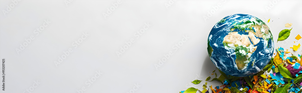 Naklejka premium A crumpled Earth globe made from various pieces of trash symbolizes with white in background