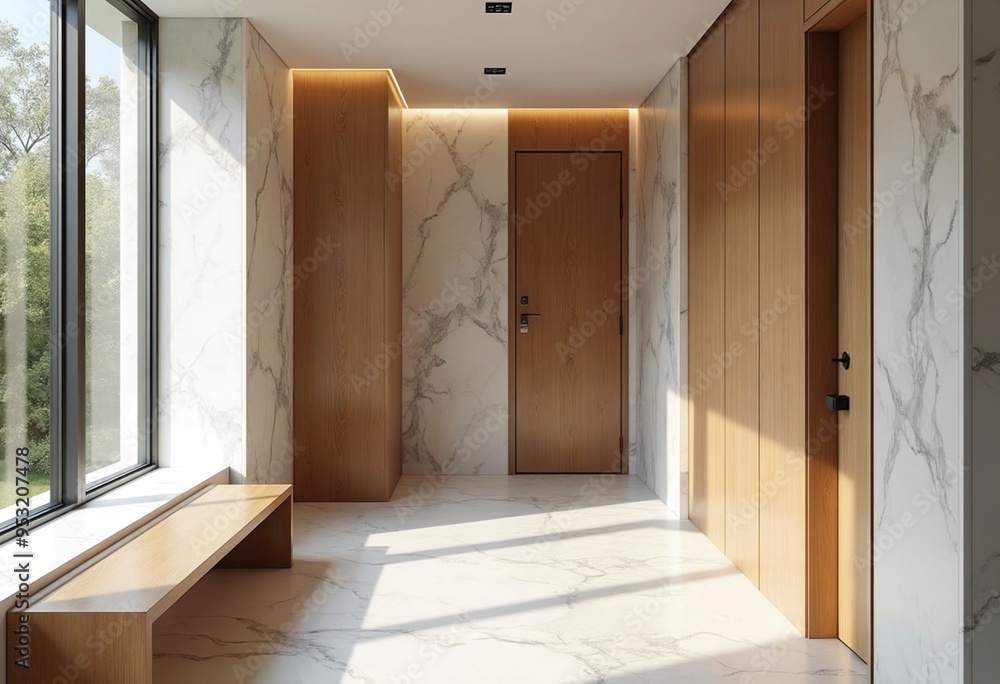 Fototapeta premium Wooden bench near marble stone wall and wood paneling in cozy hallway. Minimalist home interior design of modern entrance hall with big window