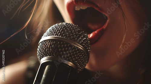 Close-up of the girl's mouth and microphone together, emphasizing the clarity and power of her voice.