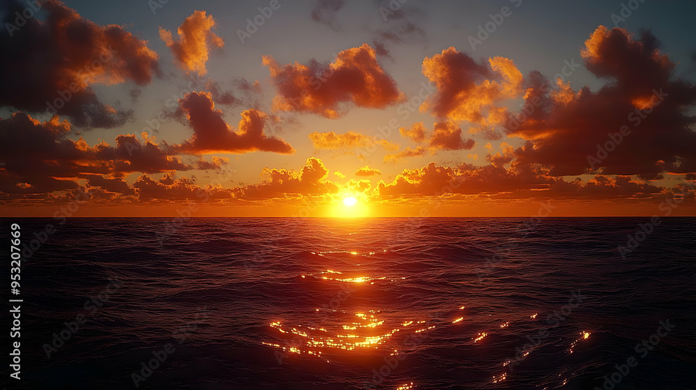 Obraz premium A fiery sunset over a calm ocean, casting golden reflections on the water.