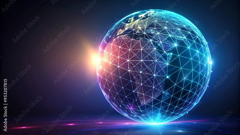 Low poly wireframe design with holographic globe on dark background Low poly wireframe design with holographic globe on dark background