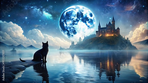 A mystical painting of a black cat under a full moon by a castle and town near water