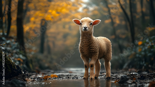 A fluffy lamb standing in a...