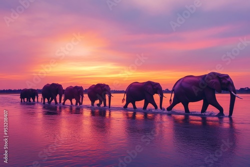 Elephants Walking Through a River at Sunset