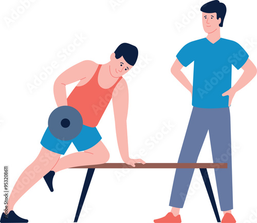 Training person with personal coach. Gym fitness exercise