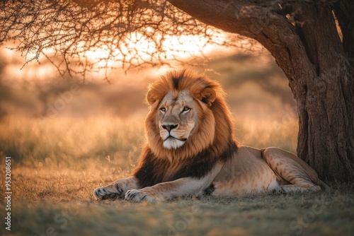 Majestic Lion Resting Under a Tree at Sunset photo