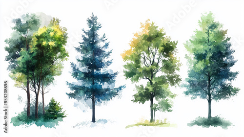 Artistic watercolor illustrations of various trees showcasing distinct shapes, colors, and foliage against a light background