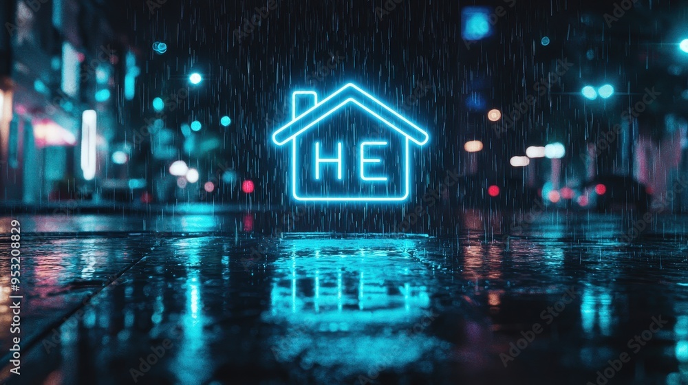 Neon Home Symbol in Rain on City Street at Night Neon Home Symbol in Rain on City Street at Night