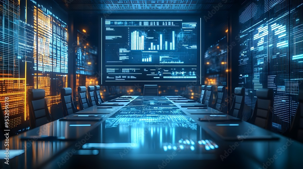 Futuristic Conference Room with Data Visualization Display Futuristic Conference Room with Data Visualization Display