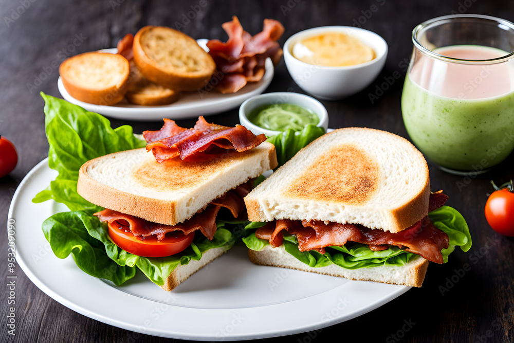 A BLT sandwich with bacon, lettuce and tomato sits on a white plate next to a bowl of cheese, AI, KOREA FOOD A BLT sandwich with bacon, lettuce and tomato sits on a white plate next to a bowl of cheese, AI, KOREA FOOD