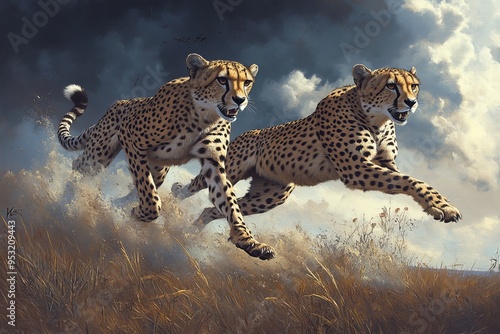 Cheetah Duo Leaping Through the Savanna photo