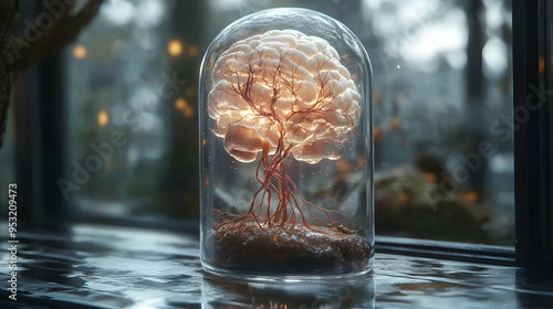 A glowing brain-shaped obje...