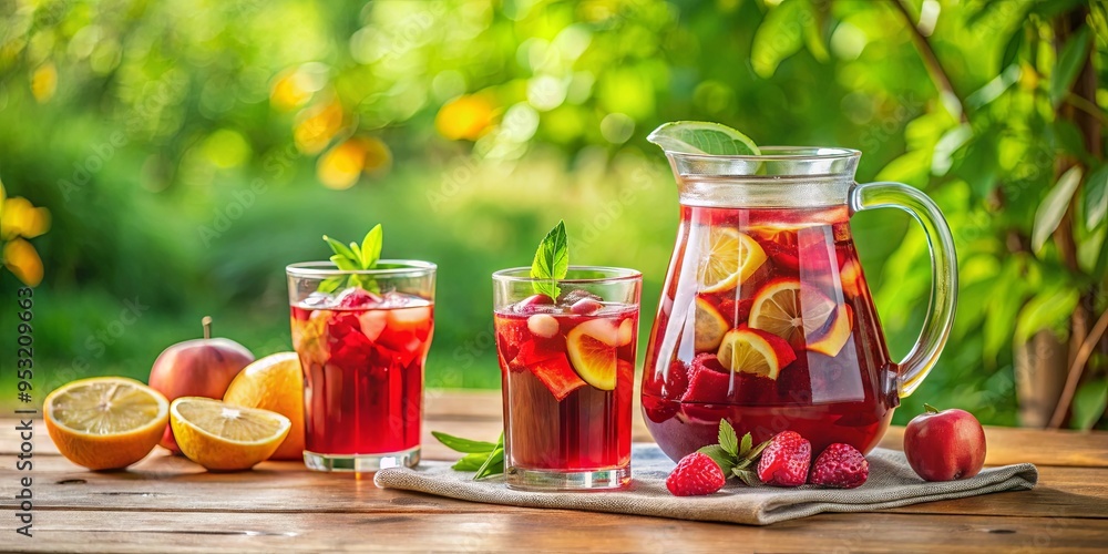 A refreshing summer drink scene with a pitcher of pomegranate tea, a pitcher of lemonade, and two glasses of pomegranate A refreshing summer drink scene with a pitcher of pomegranate tea, a pitcher of lemonade, and two glasses of pomegranate