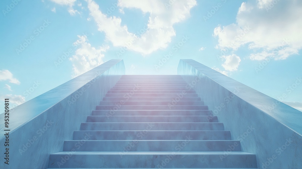 Fototapeta premium A stairway extending towards a bright sky filled with sunlight and clouds, symbolizing the journey towards hope, dreams, and progress.