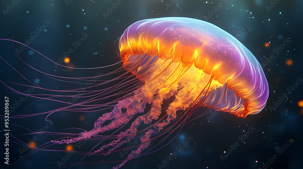 Naklejka premium A glowing orange and purple jellyfish with long pink tentacles swims in a dark blue ocean.