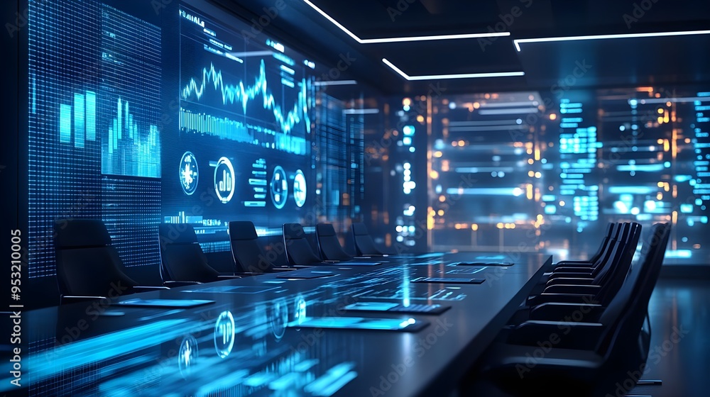 Futuristic Conference Room with Digital Displays Futuristic Conference Room with Digital Displays