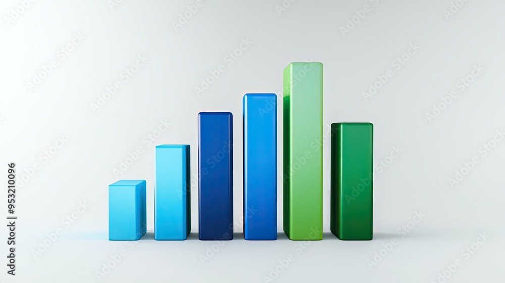 A 3D bar graph with blue and green bars rising against a white background, representing business growth A 3D bar graph with blue and green bars rising against a white background, representing business growth