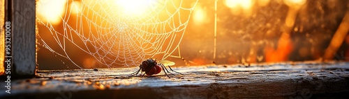 A close-up shot of a spider resting on its intricate web, glistening in the warm glow of sunset, showcasing nature's delicate beauty. photo