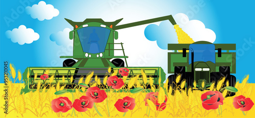 A combine harvester is working on a wheat field s and dumping grain on a tractor with a trailer moving nearby. The process of harvesting grain. Vector Illustration