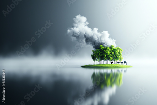 A serene landscape with trees reflecting on calm water, enveloped in mist and smoke, creating a tranquil and mysterious atmosphere. photo