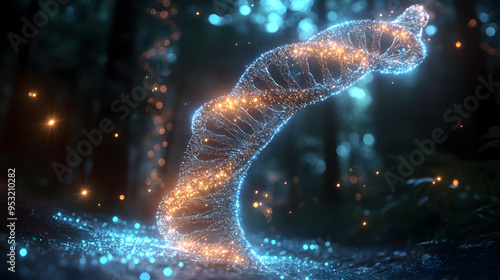 A glowing, ethereal DNA strand in a dark forest setting. photo