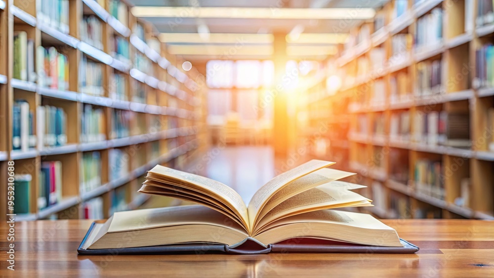 Open book in high school library with blurred background Open book in high school library with blurred background