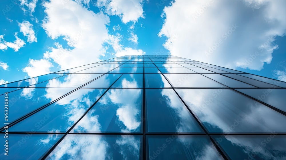Fototapeta premium A blue sky reflecting off a glass skyscraper, creating a seamless blend of architecture and nature --