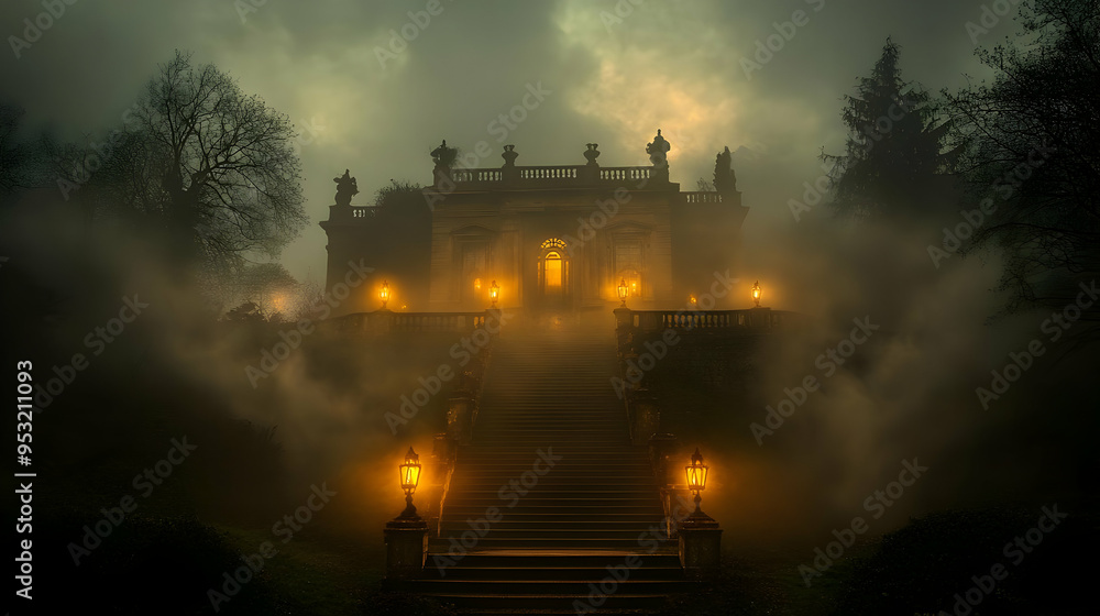 A grand, stone mansion sits atop a long, misty staircase. A grand, stone mansion sits atop a long, misty staircase.