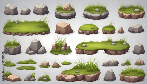 grass stones platforms 2d game design elements on isolated white background grass and stones podium assets  